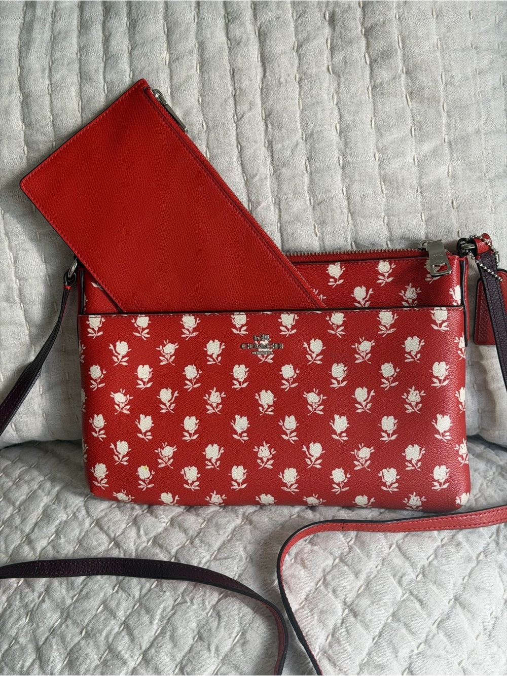 Coach Badlands Red Floral Crossbody with Insert accessory pouch 10.5x7